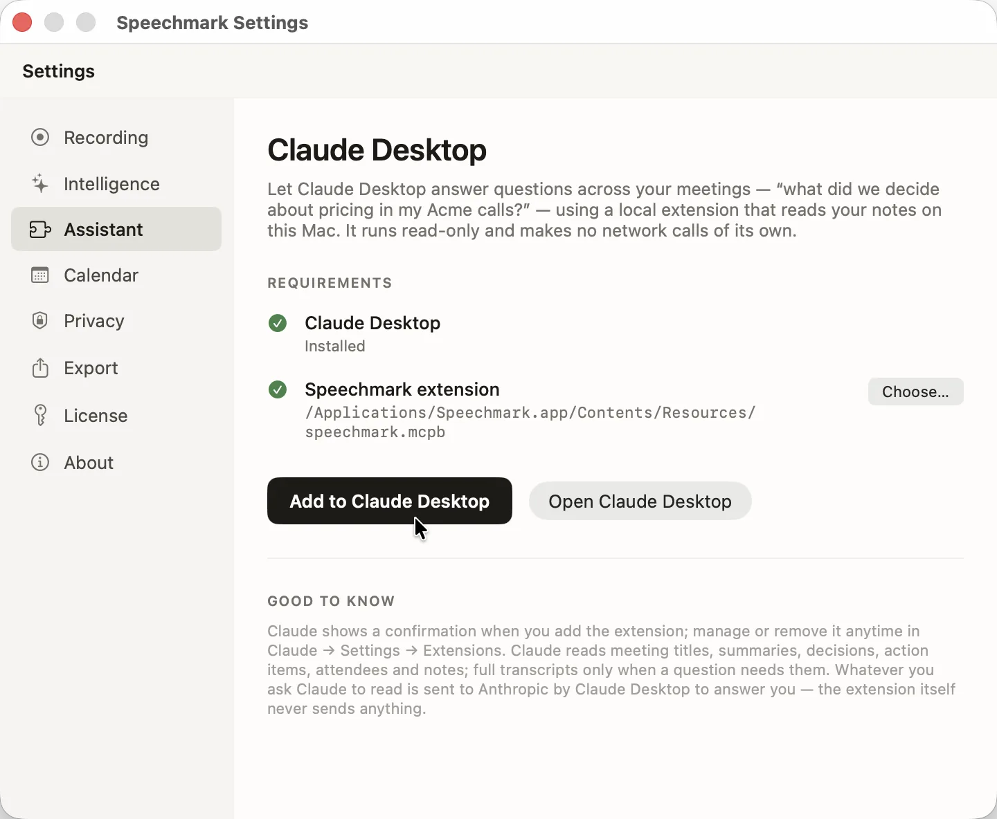 Speechmark Settings window on the Assistant tab, showing both requirements met and the "Add to Claude Desktop" button