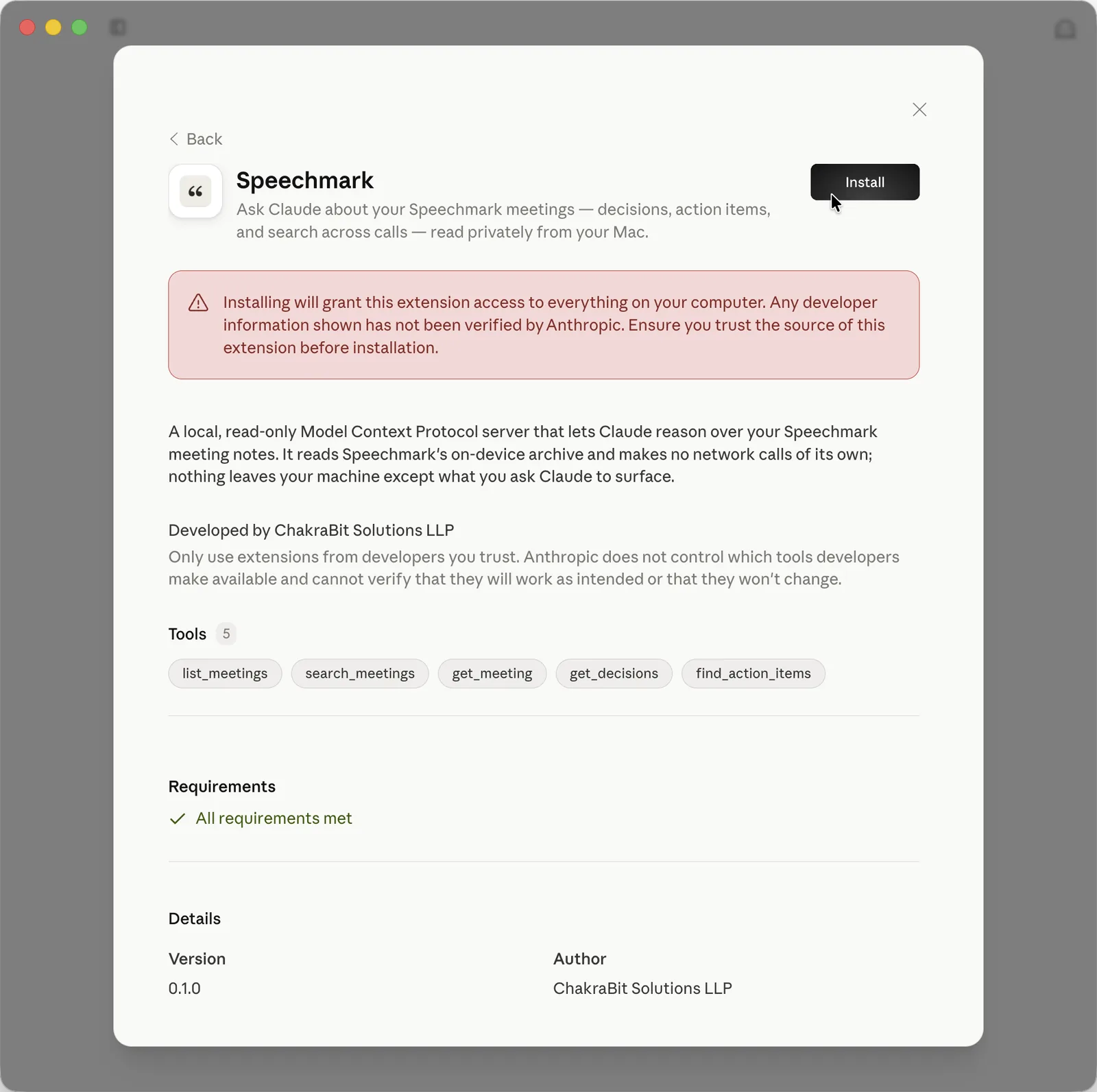 Claude Desktop's install prompt for the Speechmark extension, listing its five read-only tools