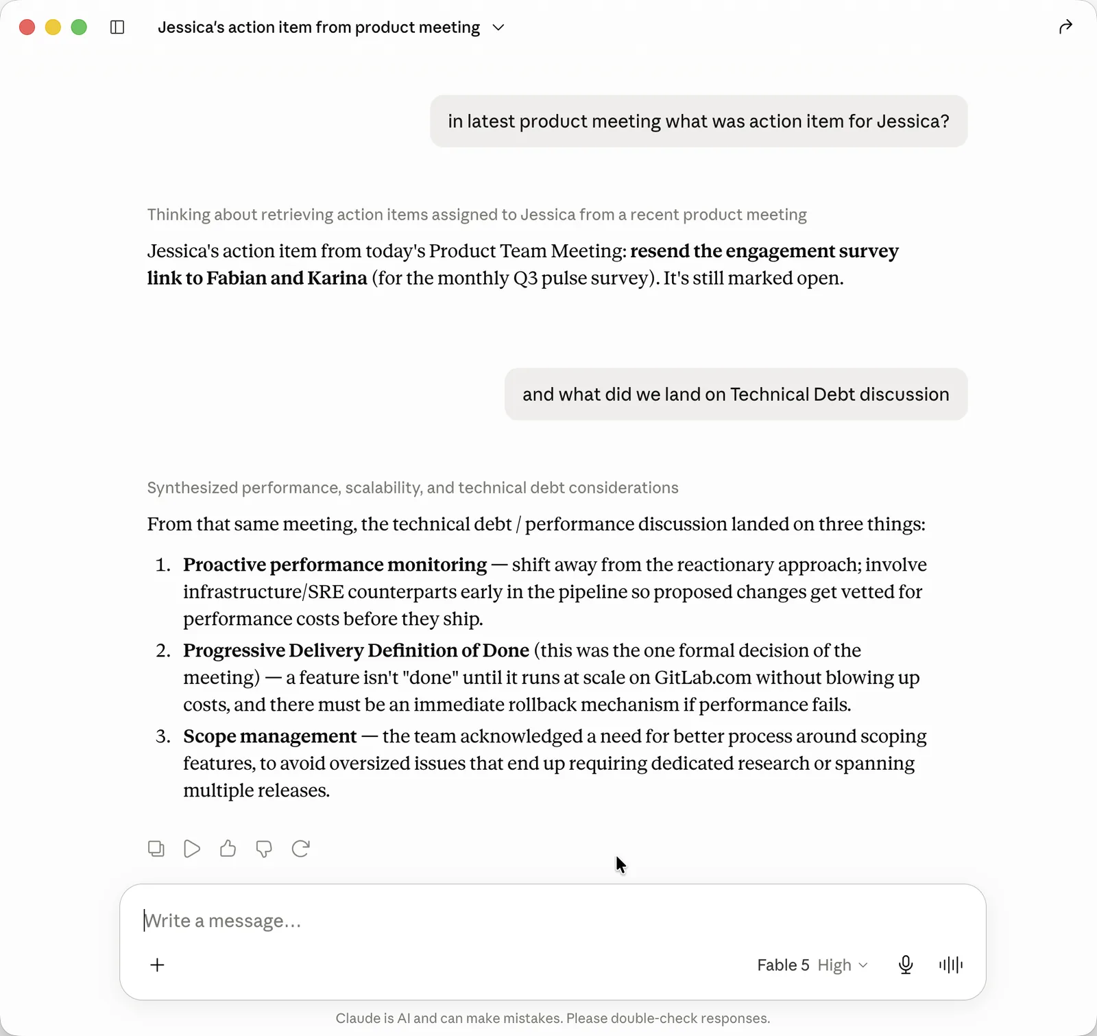 Claude Desktop answering questions from a recorded product meeting — an open action item and the technical-debt decisions — via the Speechmark extension